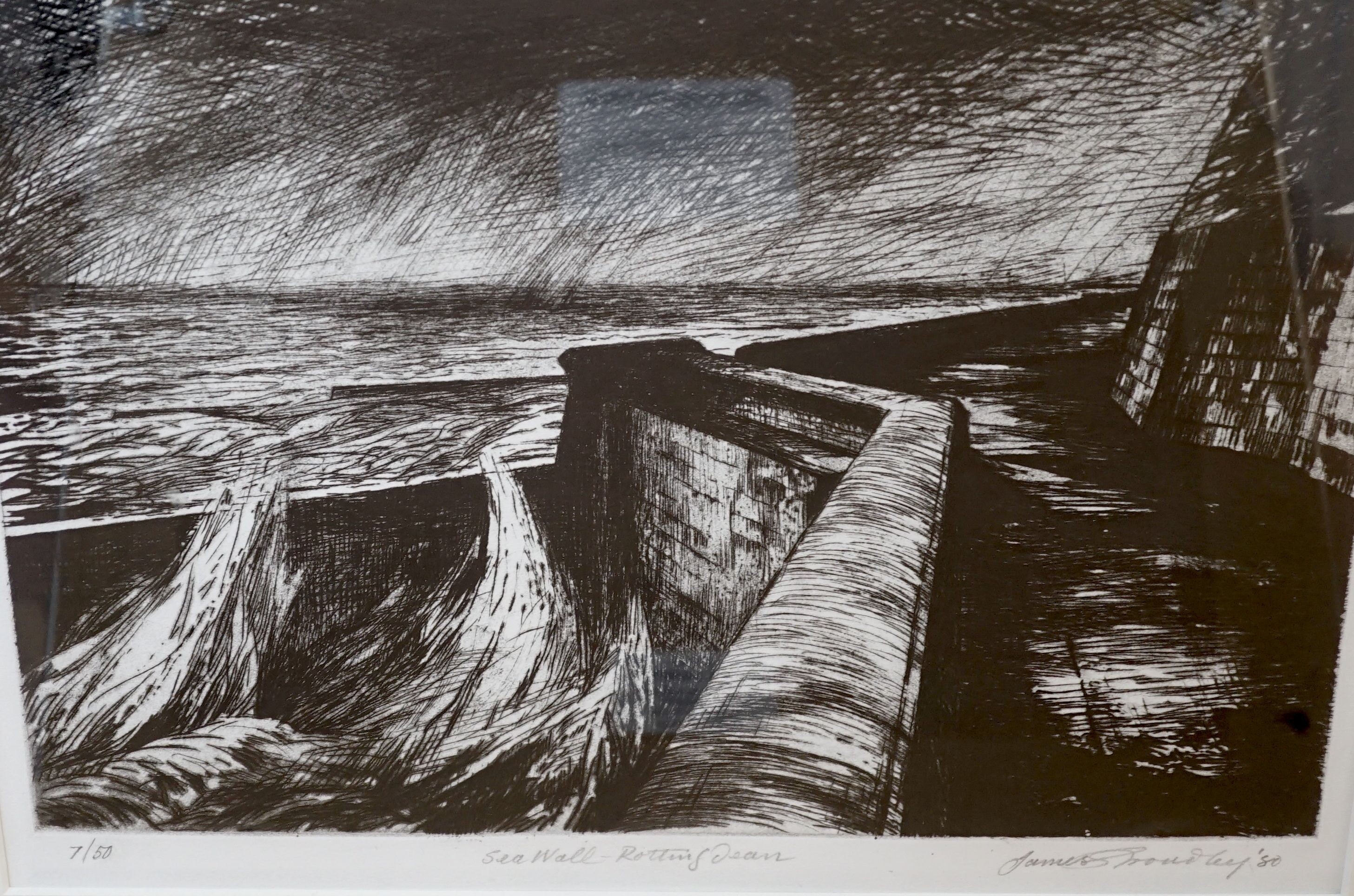 James Stroudley, three etchings, fresh weather in the channel, sort Dean, seawall Rottingdean, low tide Rottingdean, signed, largest image 33.5 cm X 31 cm